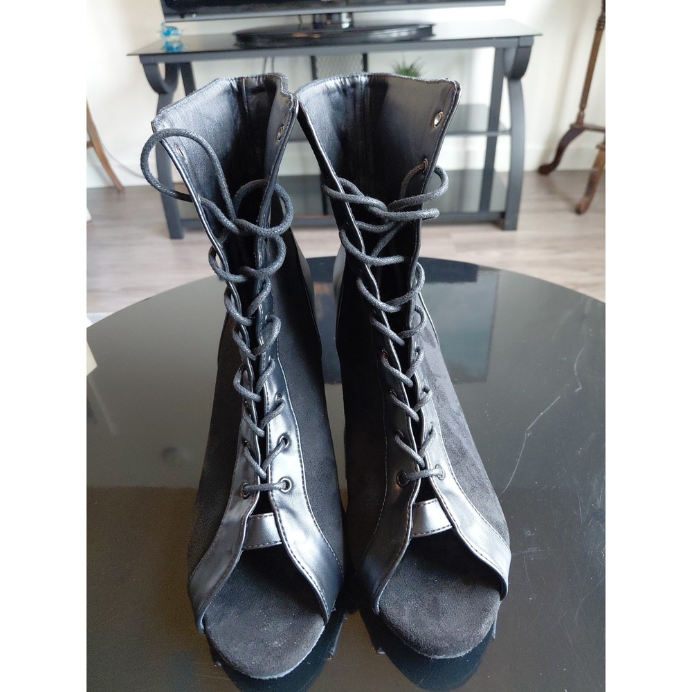 Dance & Sway Black Lace-Up Dance Boots Sz 10 Open Toe Heels 2.76 Goth Y2k Boho